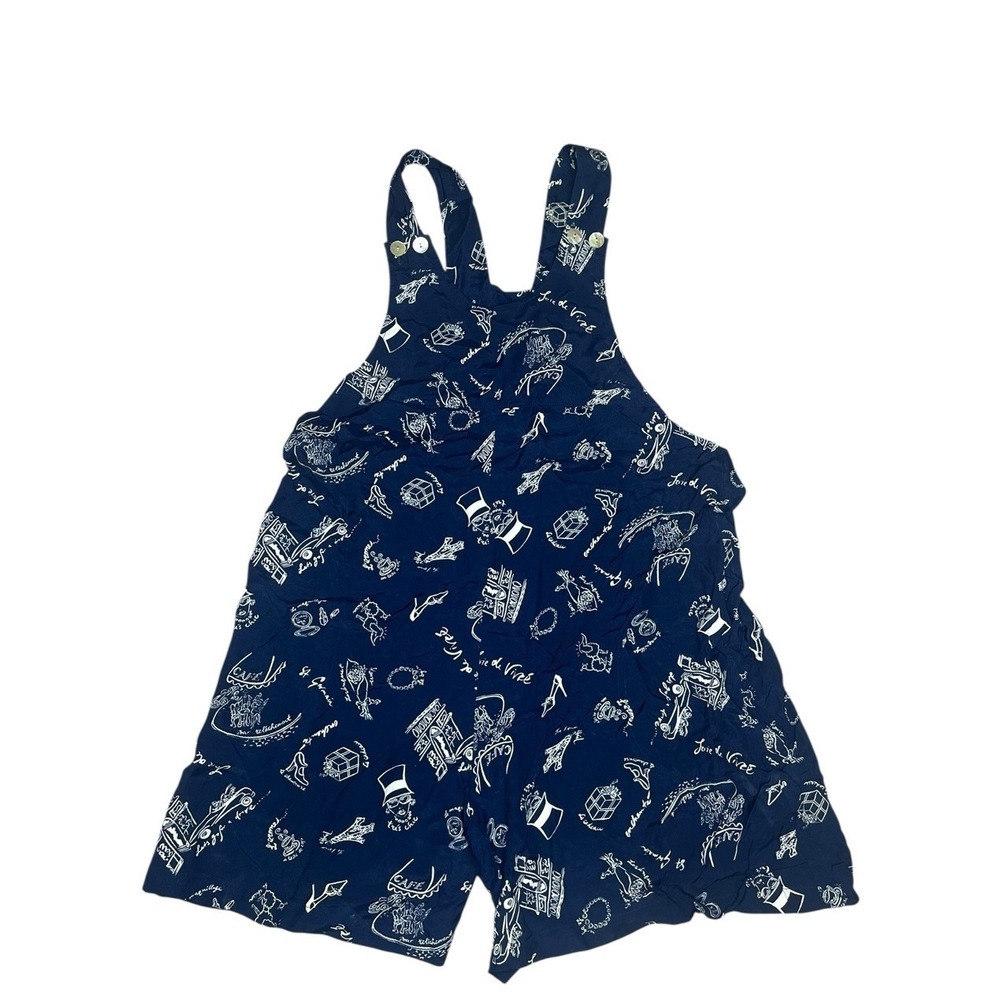 Vintage 90s Y2K Express Paris French Print Romper Overalls Blue Medium Whimsical